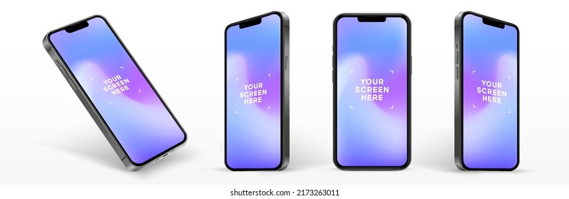 Realistic smartphone mockup isolated with transparent screens. Smart phone mockup collection. Device front view. 3D mobile phone with shadow on white background. Realistic, flat and line style