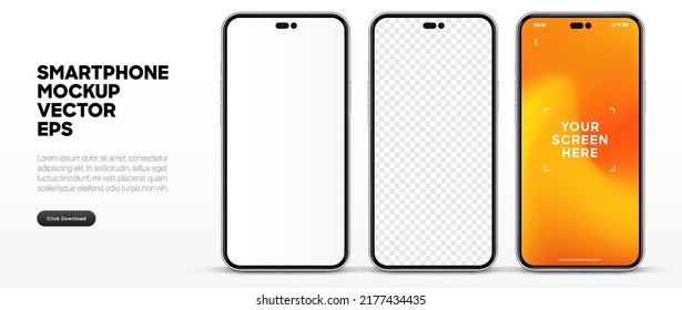 Realistic smartphone mockup isolated with transparent screens. Smart phone mockup collection. Device front view. 3D mobile phone with shadow on white background. Realistic, flat and line style