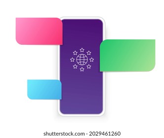 Realistic smartphone mockup. Isolated white phone with bright speech bubbles, chat or blank message banners vector design