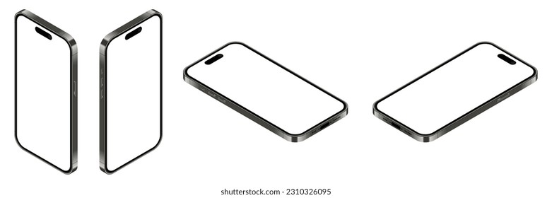 Realistic smartphone mockup. Isometric smartphone set. 3d mobile phones with blank screen. Vector illustration