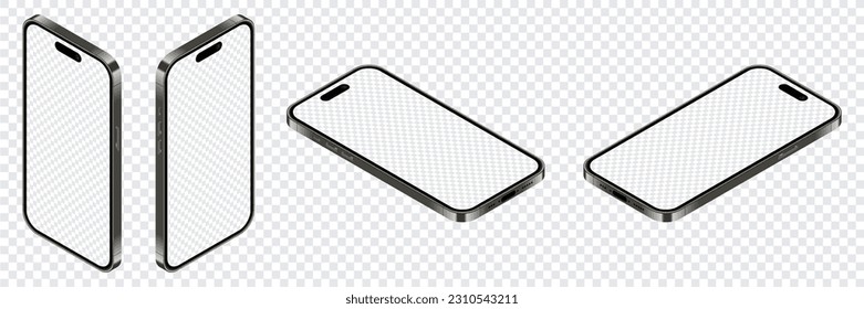 Realistic smartphone mockup. Isometric smartphone set. 3d mobile phones with blank screen. Vector illustration