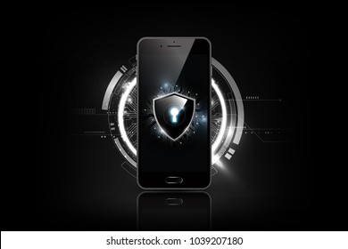 Realistic smartphone mockup and keyhole shield on screen, Lock shield with security cyber technology concept, vector illustration