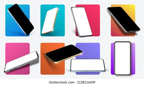 Realistic smartphone mockup. Means of communication, presentation modern gadget model. Cellphone blank display isolated templates, phone different angles views. 3d isometric illustration cell phone