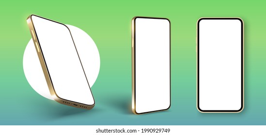 Realistic smartphone mockup. Mobile gold phone display, device screen frame. Device UI UX mockup for presentation template. Cellphone frame with blank display isolated templates,phone different angles