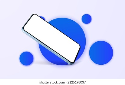 Realistic smartphone mockup. Mobile gold phone display, device screen frame. Device UI UX mockup for presentation template. The phone is tilted on a blue background, with circles. Vector illustration