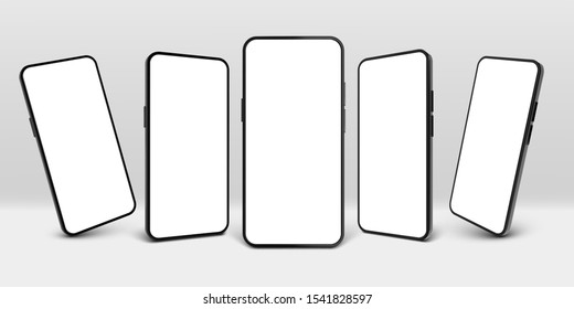 Realistic smartphone mockup. Mobile phone display, device screen frame and black smartphones vector 3D template illustration set. Communication mean, modern gadget model presentation