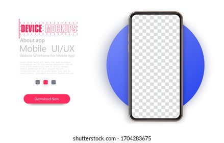 Realistic smartphone mockup. Mobile phone blank, white. Device UI/UX mockup for presentation template. Smartphone isolated on modern blue circle blank screen. Mobile vector device concept.