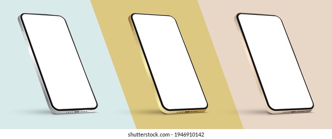 Realistic smartphone mockup. Mobile phone display, isolated device screen metallic rose golden color frame and smart phones Vector EPS