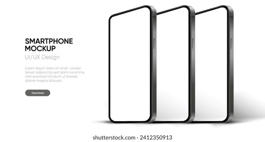 Realistic smartphone mockup. Mobile phone vector with isolated on white background. Device front view. 3D mobile phone with shadow. Realistic, high quality smart phone mockup for ui ux presentation.