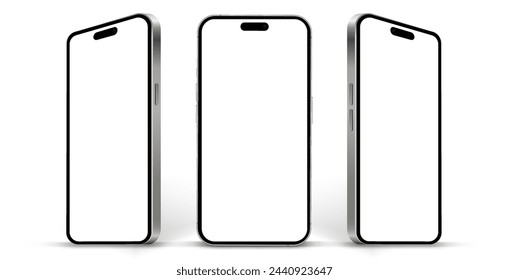 Realistic smartphone mockup. Mobile phone vector with isolated on white background. Device front view. 3D mobile phone with shadow. Realistic, high quality smart phone mockup for ui ux presentation.