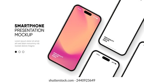 Realistic smartphone mockup. Mobile phone vector with isolated on white background. Device front view. 3D mobile phone with shadow. Realistic, high quality smart phone mockup for ui ux presentation.