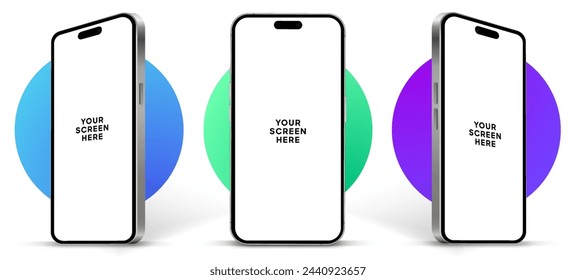 Realistic smartphone mockup. Mobile phone vector with isolated on white background. Device front view. 3D mobile phone with shadow. Realistic, high quality smart phone mockup for ui ux presentation.