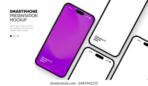 Realistic smartphone mockup. Mobile phone vector with isolated on white background. Device front view. 3D mobile phone with shadow. Realistic, high quality smart phone mockup for ui ux presentation.