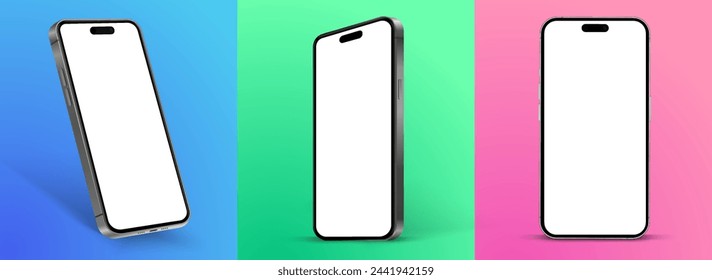 Realistic smartphone mockup. Mobile phone vector with isolated on white background. Device front view. 3D mobile phone with shadow. Realistic, high quality smart phone mockup for ui ux presentation.