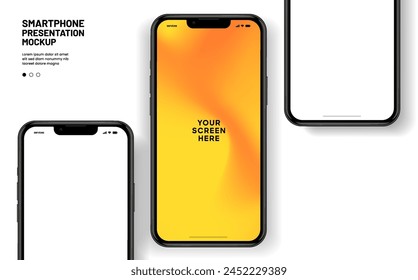 Realistic smartphone mockup. Mobile phone vector with isolated on white background. Device front view. 3D mobile phone with shadow. Realistic, high quality smart phone mockup for ui ux presentation.