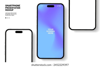 Realistic smartphone mockup. Mobile phone vector with isolated on white background. Device front view. 3D mobile phone with shadow. Realistic, high quality smart phone mockup for ui ux presentation.