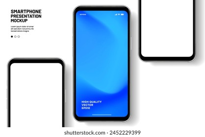 Realistic smartphone mockup. Mobile phone vector with isolated on white background. Device front view. 3D mobile phone with shadow. Realistic, high quality smart phone mockup for ui ux presentation.