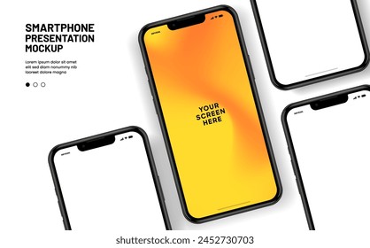 Realistic smartphone mockup. Mobile phone vector with isolated on white background. Device front view. 3D mobile phone with shadow. Realistic, high quality smart phone mockup for ui ux presentation.