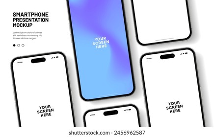 Realistic smartphone mockup. Mobile phone vector with isolated on white background. Device front view. 3D mobile phone with shadow. Realistic, high quality smart phone mockup for ui ux presentation.