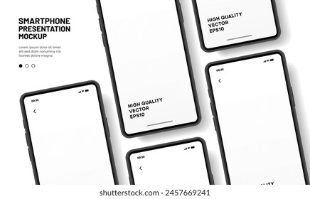 Realistic smartphone mockup. Mobile phone vector with isolated on white background. Device front view. 3D mobile phone with shadow. Realistic, high quality smart phone mockup for ui ux presentation.