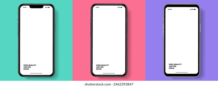 Realistic smartphone mockup. Mobile phone vector with isolated on white background. Device front view. 3D mobile phone with shadow. Realistic, high quality smart phone mockup for ui ux presentation.