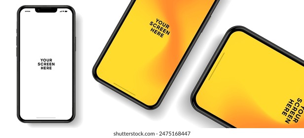 Realistic smartphone mockup. Mobile phone vector with isolated on white background. Device front view. 3D mobile phone with shadow. Realistic, high quality smart phone mockup for ui ux presentation.