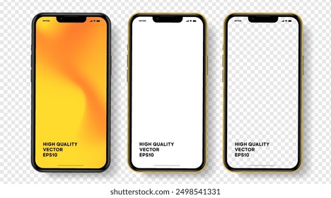 Realistic smartphone mockup. Mobile phone vector with isolated on white background. Device front view. 3D mobile phone with shadow. Realistic, high quality smart phone mockup for ui ux presentation.