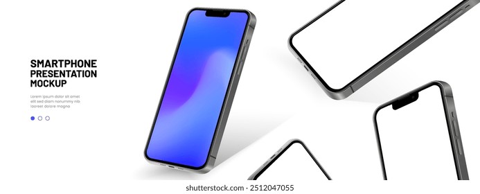 Realistic smartphone mockup. Mobile phone vector with isolated on white background. Device front view. 3D mobile phone with shadow. Realistic, high quality smart phone mockup for ui ux presentation.