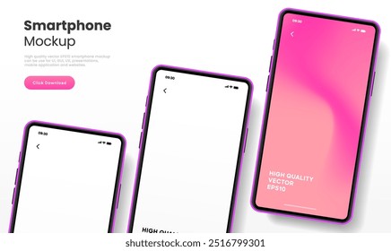 Realistic smartphone mockup. Mobile phone vector with isolated on white background. Device front view. 3D mobile phone with shadow. Realistic, high quality smart phone mockup for ui ux presentation.