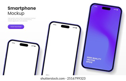 Realistic smartphone mockup. Mobile phone vector with isolated on white background. Device front view. 3D mobile phone with shadow. Realistic, high quality smart phone mockup for ui ux presentation.