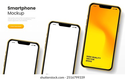 Realistic smartphone mockup. Mobile phone vector with isolated on white background. Device front view. 3D mobile phone with shadow. Realistic, high quality smart phone mockup for ui ux presentation.
