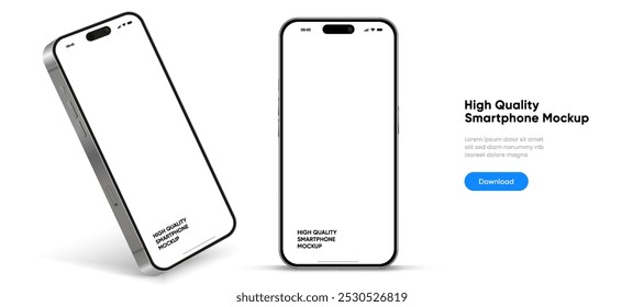 Realistic smartphone mockup. Mobile phone vector with isolated on white background. Device front view. 3D mobile phone with shadow. Realistic, high quality smart phone mockup for ui ux presentation.