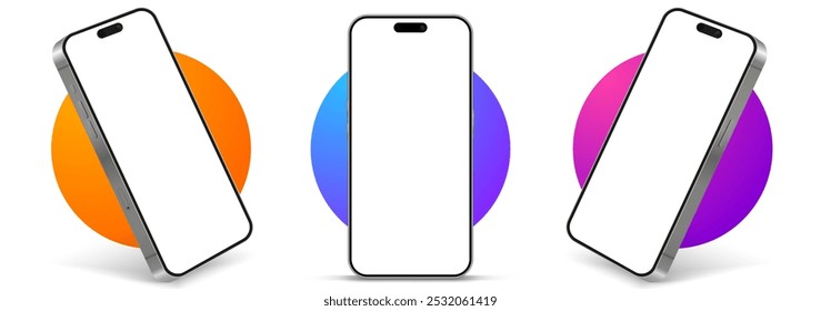 Realistic smartphone mockup. Mobile phone vector with isolated on white background. Device front view. 3D mobile phone with shadow. Realistic, high quality smart phone mockup for ui ux presentation.