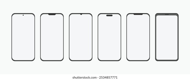 Realistic smartphone mockup. Mobile phone vector with isolated on white background. Set of different types of mobile screen. Punch hole, waterdrop display. Smartphone outline vector