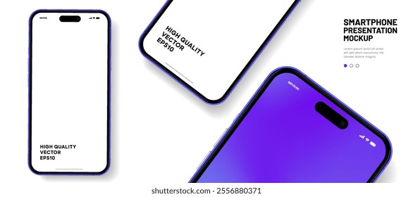 Realistic smartphone mockup. Mobile phone vector with isolated on white background. Device front view. 3D mobile phone with shadow. Realistic, high quality smart phone mockup for ui ux presentation.
