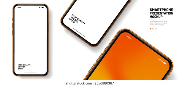 Realistic smartphone mockup. Mobile phone vector with isolated on white background. Device front view. 3D mobile phone with shadow. Realistic, high quality smart phone mockup for ui ux presentation.