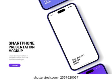 Realistic smartphone mockup. Mobile phone vector with isolated on white background. Device front view. 3D mobile phone with shadow. Realistic, high quality smart phone mockup for ui ux presentation.