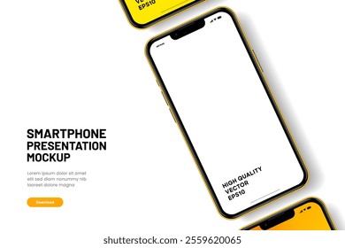 Realistic smartphone mockup. Mobile phone vector with isolated on white background. Device front view. 3D mobile phone with shadow. Realistic, high quality smart phone mockup for ui ux presentation.