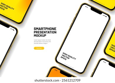 Realistic smartphone mockup. Mobile phone vector with isolated on white background. Device front view. 3D mobile phone with shadow. Realistic, high quality smart phone mockup for ui ux presentation.