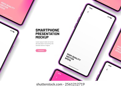 Realistic smartphone mockup. Mobile phone vector with isolated on white background. Device front view. 3D mobile phone with shadow. Realistic, high quality smart phone mockup for ui ux presentation.