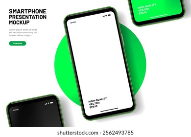 Realistic smartphone mockup. Mobile phone vector with isolated on white background. Device front view. 3D mobile phone with shadow. Realistic, high quality smart phone mockup for ui ux presentation.