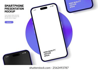 Realistic smartphone mockup. Mobile phone vector with isolated on white background. Device front view. 3D mobile phone with shadow. Realistic, high quality smart phone mockup for ui ux presentation.