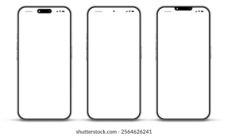 Realistic smartphone mockup. Mobile phone vector with isolated on white background. Device front view. 3D mobile phone with shadow. Realistic, high quality smart phone mockup for ui ux presentation.