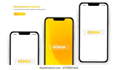 Realistic smartphone mockup. Mobile phone vector with isolated on white background. Device front view. 3D mobile phone with shadow. Realistic, high quality smart phone mockup for ui ux presentation.