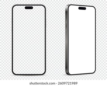 Realistic smartphone mockup. Mobile phone with white and empty screen on transparent background.