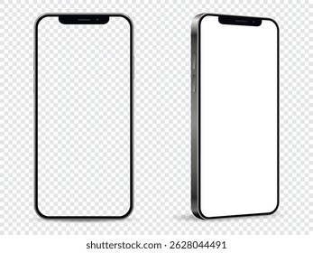 Realistic smartphone mockup. Mobile phone with white and empty screen on transparent background.