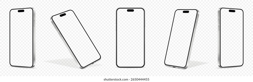 Realistic smartphone mockup. Mobile phone with transparent screen in different positions isolated on transparent background.