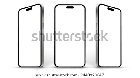 Realistic smartphone mockup. Mobile phone vector with isolated on white background. Device front view. 3D mobile phone with shadow. Realistic, high quality smart phone mockup for ui ux presentation.