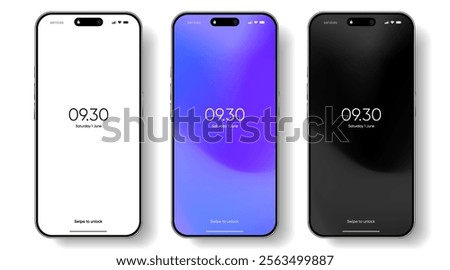 Realistic smartphone mockup. Mobile phone vector with isolated on white background. Device front view. 3D mobile phone with shadow. Realistic, high quality smart phone mockup for ui ux presentation.