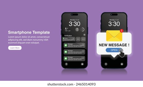 Realistic smartphone mockup with New messages notification concept. New message alert and pop-up. Incoming and open messages and emails. Vector.